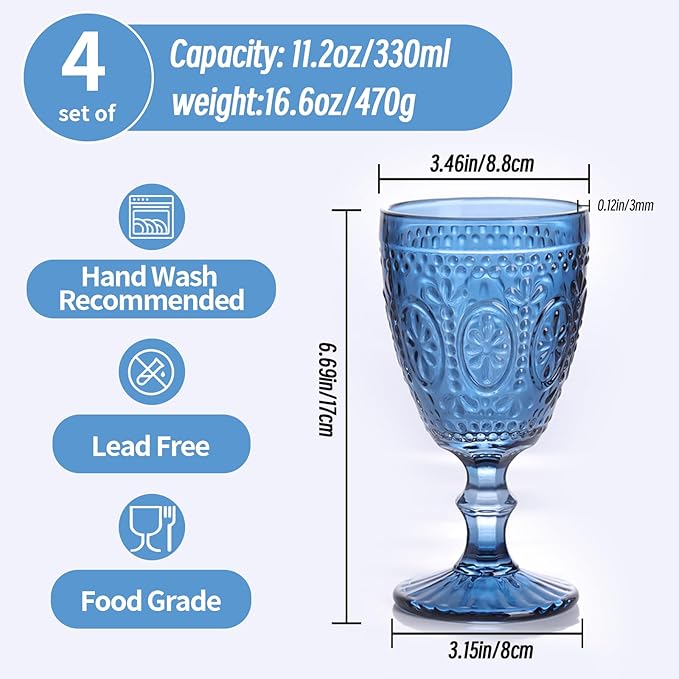 abrwyy Blue Wine Glasses set of 4, Blue Goblets, Vintage Drinking Glassware, Colored Glassware Set for Party Home Wedding Baby Shower