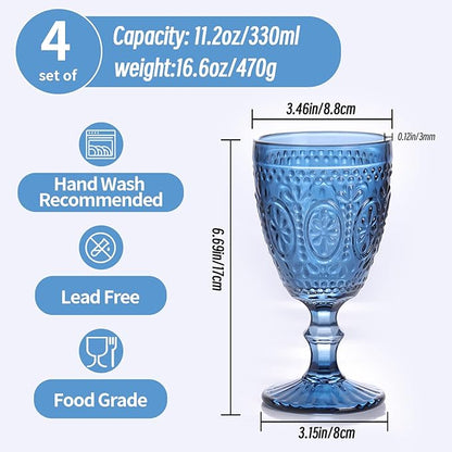 abrwyy Blue Wine Glasses set of 4, Blue Goblets, Vintage Drinking Glassware, Colored Glassware Set for Party Home Wedding Baby Shower