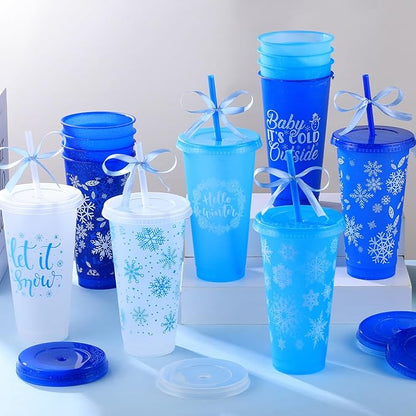 Yoiemivy 24 Pack Winter Plastic Cups Bulk 24 oz Reusable Snowflake Tumbler with Lids and Straws Holiday Party Christmas Drinking Cups for Holiday Party Favors Supplies
