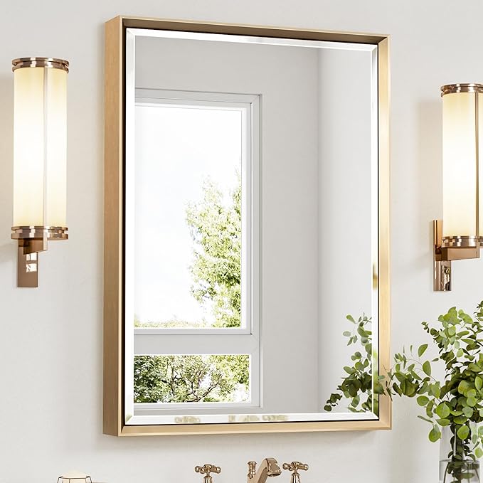 Gold Bathroom Mirror, 22x30 Brushed Gold Bathroom Mirror Beveled Edge, Gold Framed Rectangle Bathroom Vanity Mirror, Anti-Rust Brushed Brass Metal Frame Wall Mirror Vertical/Horizontal