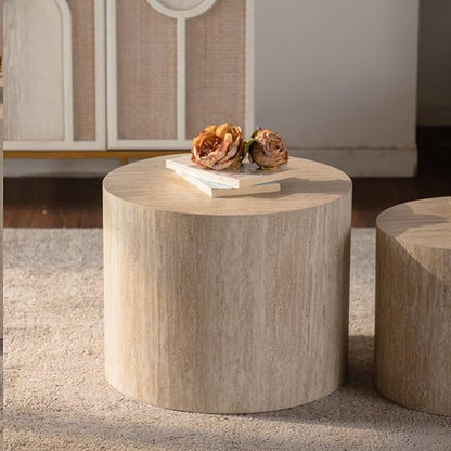 Round Wooden Nesting Coffee Table Set of 2, Circle Modern Accent End Side Table