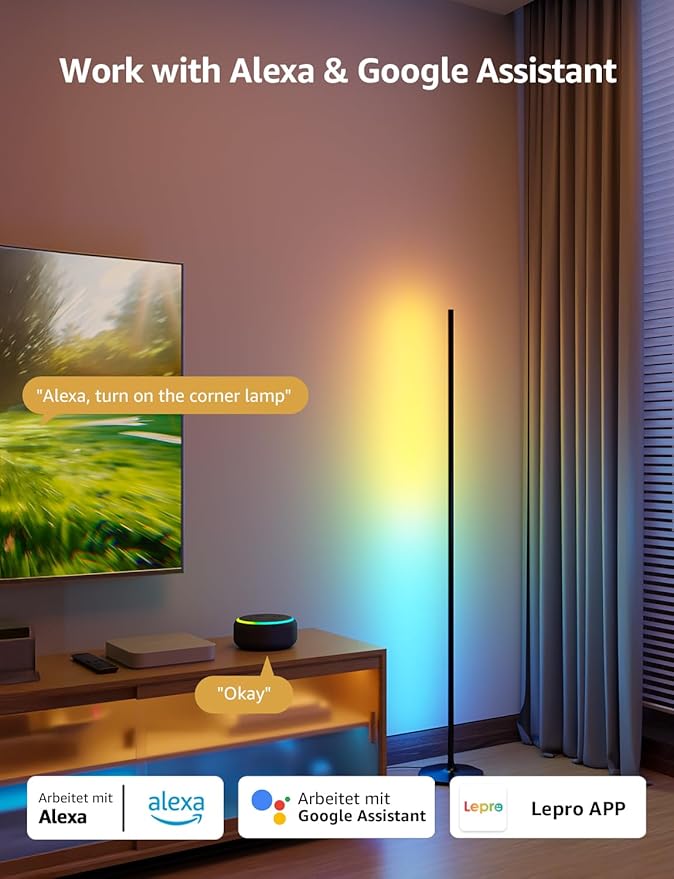 Lepro OE1 AI Corner Floor Lamp, Smart RGBICW LED Corner Lamp with Music Sync, Alexa Enabled, Personalized AI Lighting Designer, Modern Standing Lamp for Living Room/Bedroom,1000LM,2.4G WiFi, No Remote