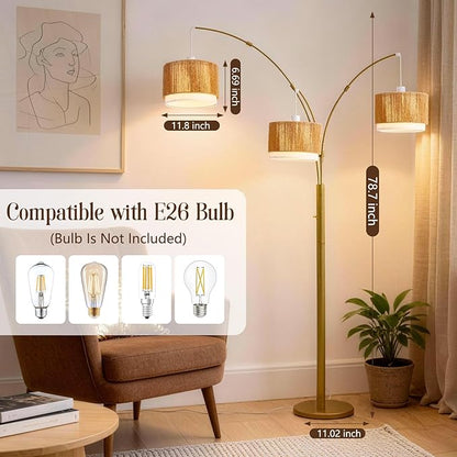 Gold Arc Floor Lamp for Living Room, Mid Century Floor Lamp with Stepless Dimmable Switch, Boho Standing Lamp with Wicker&Fabric Shade, Rattan Tall Lamp for Bedroom Over Couch Reading