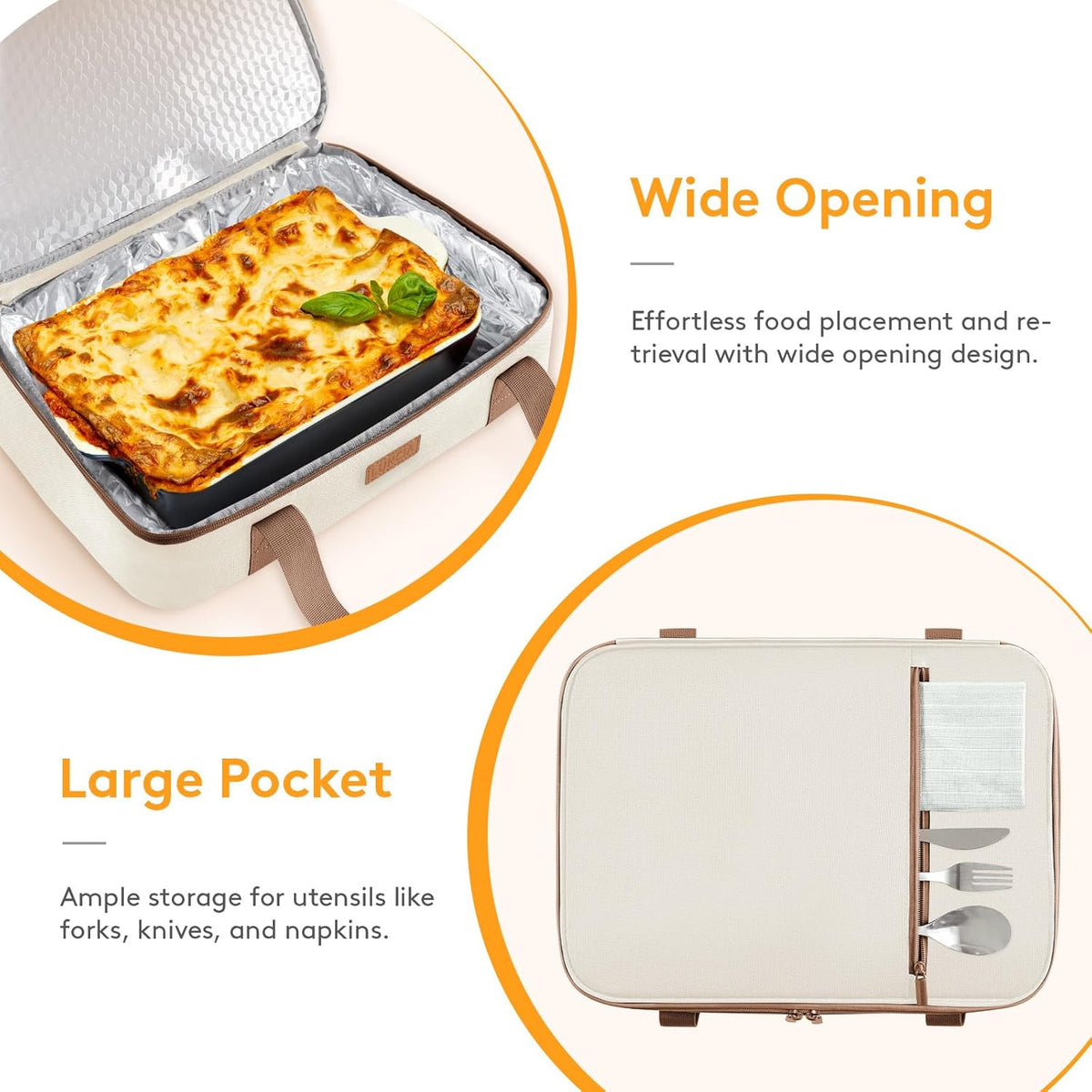 LUNCIA Double Decker Insulated Casserole Carrier for Hot or Cold Food, Lasagna Lugger Tote for Potluck Parties/Picnic/Cookouts, Fits 9"×13" Baking Dish, Cream