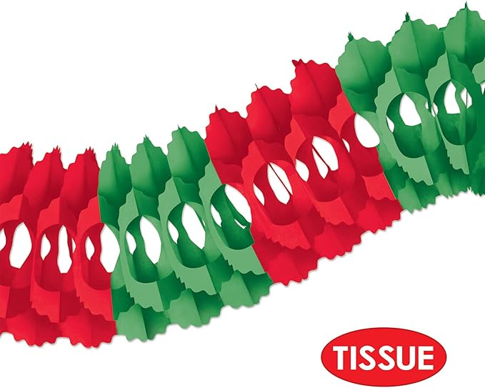 Beistle Red & Green Tissue Paper Hanging Garland Christmas Party Decorations, 5.5" x 12', Red/Green