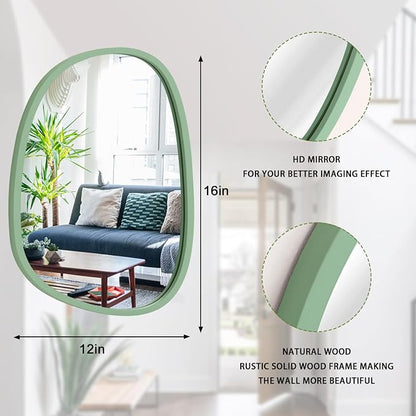 Wooden Framed Irregular Mirror - Modern Artistic Asymmetrical Oval Hanging Wall Mirror for Bathroom, Bedroom, Living Room, Entryway & Hallway