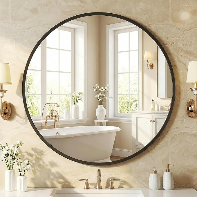 NEWBULIG 30 Inch Round Wall Mirror, Bathroom Mirrors for Over Sink, Matte Metal Framed Circle Vanity Mirror, Wall Decor for Bedroom, Anti-Rust, Tempered Glass, Hanging or Leaning, Classic Black