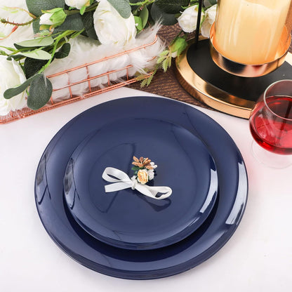 PULOTE 100PCS Blue Plastic Plates - Heavy Duty Navy Blue Disposable - Include 50PCS 10.25inch Dinner & 50PCS 7.5 inch Dessert/Salad Plates - Ideal for Party & Labor Day