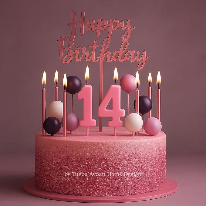 by Tugba Aydan - 33 Pcs Pink Birthday Candle Set with Number Candles 0–9, Metallic Long Candles, Ball&Text Toppers-Complete Cake Decoration Kit for Kids & Adults Birthday Party