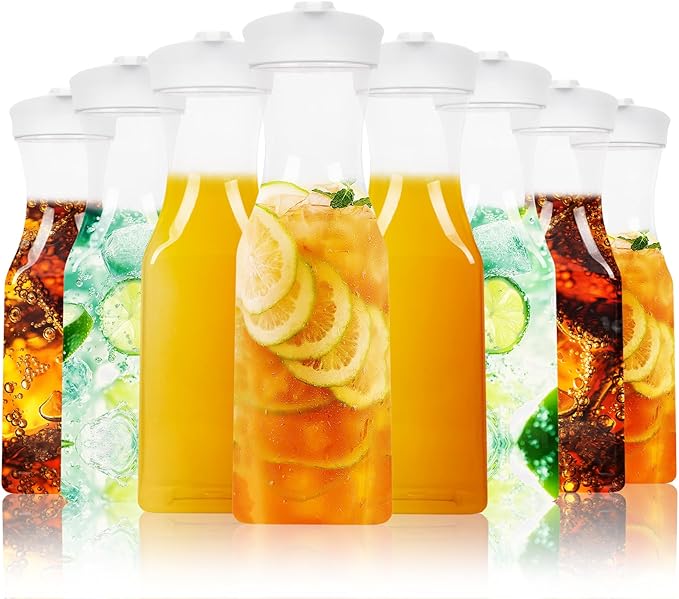 Set of 8 Plastic Carafe with Lid, 1 Liter Carafes for Mimosa Bar，Large Square Base Juice Containers, Water Bottle, Milk Container, Clear Beverage Containers for Fridge