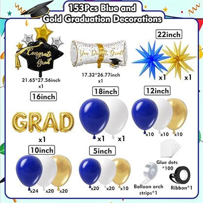 Royal Blue and Gold Graduation Balloons Garland Arch Kit 153Pcs, Graduation Decorations 2026 with Grad Cap, Certificate & Star Foil Balloons for Class of 2026 College High School Prom Supplies