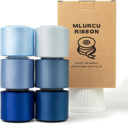 Blue Ribbon 1-1/2 Inch Assorted Royal/Navy/Light/Mist/Antique/Dusty Blue Double Faced Satin Ribbon Set for Gift Wrapping, Flower Bouquet, Wedding Invitation, Baby Shower Decor, Hair Bows & Crafts