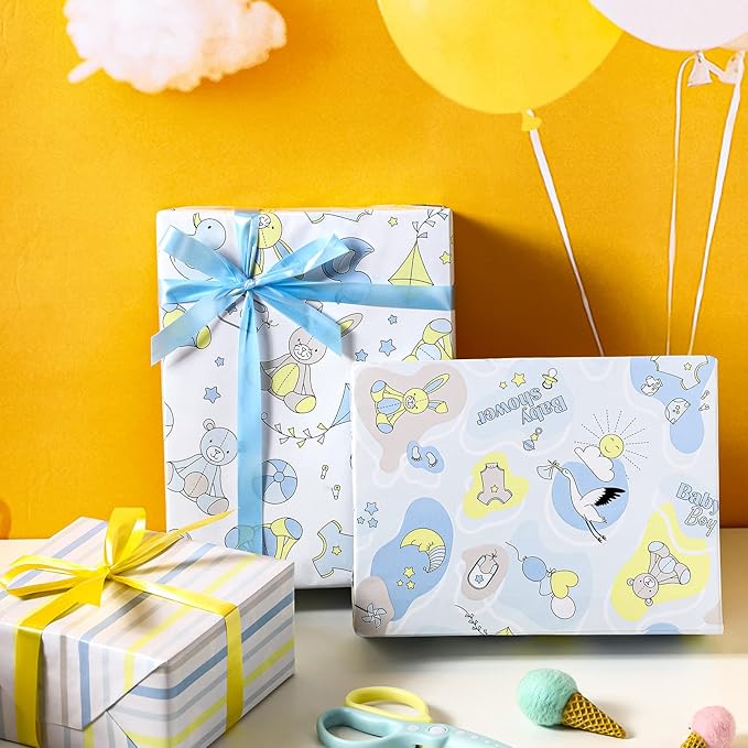 WRAPAHOLIC Baby Boy Wrapping Paper Sheet - 12 Sheets Cute Bear and Small Pin Design Folded Flat for Baby Showers, Celebration, Party - 19.7 Inch x 30 Inch Per Sheet