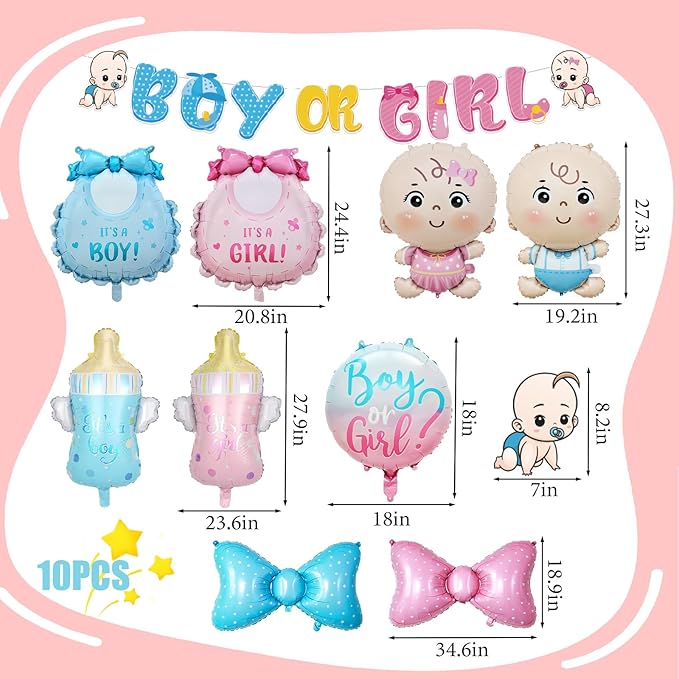 Gender Reveal Decoration Set - Includes Foil Balloon (Boy & Girl, Bibs, Bottles, Bows), 16inch Large Foil Balloon for Gender Reveal Party, Baby Shower Decor