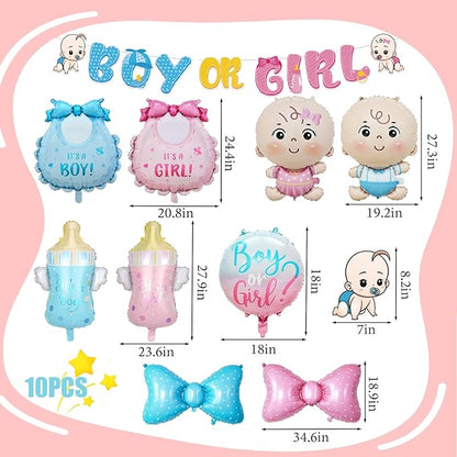 Gender Reveal Decoration Set - Includes Foil Balloon (Boy & Girl, Bibs, Bottles, Bows), 16inch Large Foil Balloon for Gender Reveal Party, Baby Shower Decor