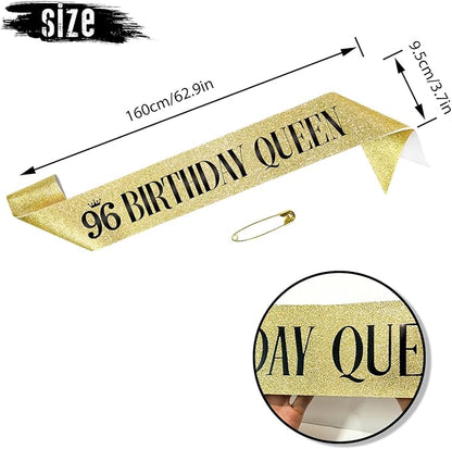 96 Birthday Queen 96th Birthday Sash for Women, Gold Glitter Sash with Black Foil