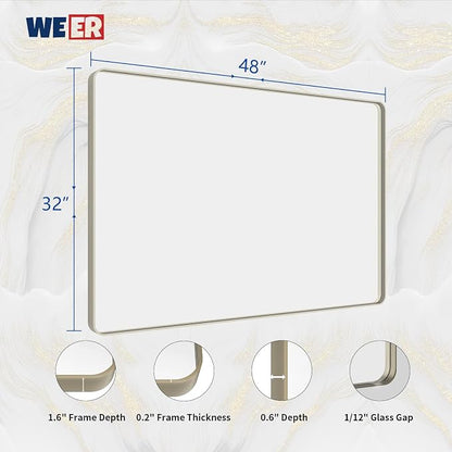 WEER 48X32 Inch Brushed Nickel Bathroom Mirror, Brushed Silver Metal Frame Mirror, Rounded Rectangle Silver Bathroom Vanity Mirror, Tempered Glass, Anti-Rust, Hangs Horizontally or Vertically