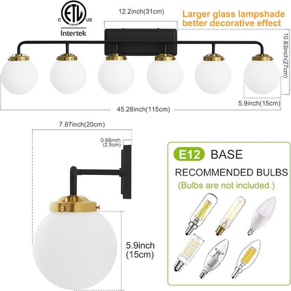 Black Gold Bathroom Light Fixtures Over Mirror, Modern Vanity Lighting with Milk White Glass Globe Shades 6-Light Farmhouse Wall Sconce