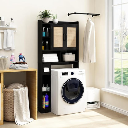 RUSTOWN Rattan Over The Toilet Storage Cabinet, Boho Over Toilet Bathroom Organizer with 2 Doors & Adjustable Shelves, Modern Above Toilet Rack with Toilet Paper Holder for Bathroom, Laundry(Black)