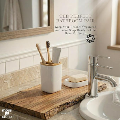 Moss & Stone 6-Piece Bathroom Accessories Set – White Plastic and Bamboo Bathroom Set with Soap Dispenser, Toothbrush Holder, Cup & Soap Dish – Modern Countertop Bathroom Décor