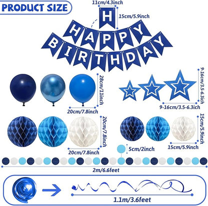 ZERODECO Birthday Decorations, Easy to Assemble Blue Happy Birthday Banner with Honeycomb Ball, Balloon, Hanging Swirl Streamer, Garland, Happy Birthday Party Decorations for Women Men Boys Girls