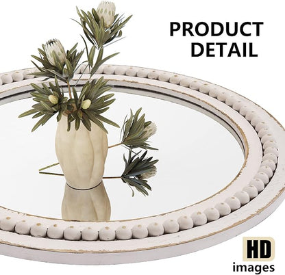 H HOMEWINS Rustic Round Mirror, 24" Wooden Circle Mirrors,Farmhouse Wall-Mounted White Beads Decor Mirror for Bedroom, Bathroom, Living Room,Vanity