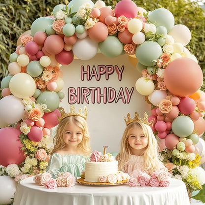 Pink And Green Balloons Arch Kit, Double Stuffed Pastel Balloons with Sage Green Pink Peach Light Yellow Ivory White Sand Color Balloon Garland for Bear Wildflower Birthday Wedding Party Decorations