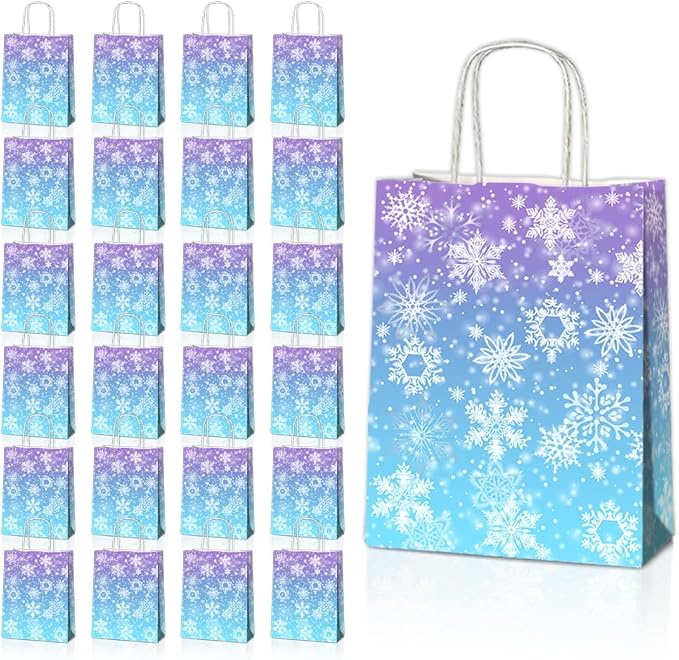 24 Pcs Snowflake Party Favor Bags with Handles - Winter Themed Goodie Gift Candy Kraft Paper Bags for Holiday Birthday Party Supplies Decorations