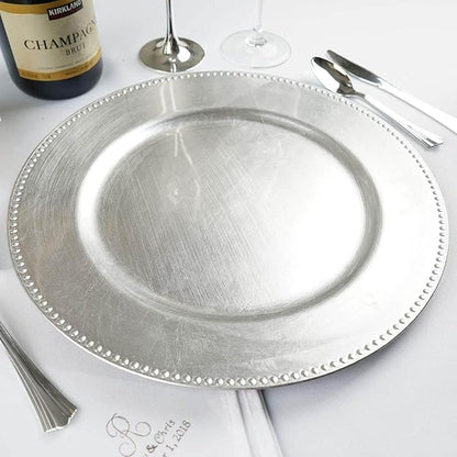 Efavormart 6 pcs 13" Metallic Silver Beaded Round Charger Plates for Tabletop Decor Holiday Decoration