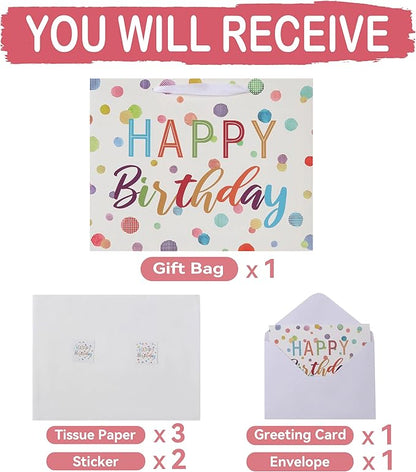wishinside 13'' Large Birthday Gift Bag Set with Handles, Greeting Card, White Tissue Papers and Stickers for Women Girls Kids Teens for Birthday, Baby, Color Dots Design, 1 Pcs