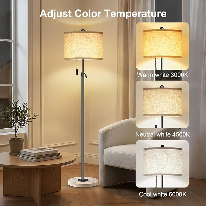 Floor Lamp for Living Room - Adjustable Height Standing Lamp with Marble Base & Linen Shade - Tall Pole Floor Light with 3 Color Temperatures Bulb for Bedroom, Reading - Easy Assembly