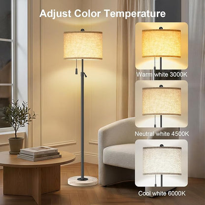Floor Lamp for Living Room - Adjustable Height Standing Lamp with Marble Base & Linen Shade - Tall Pole Floor Light with 3 Color Temperatures Bulb for Bedroom, Reading - Easy Assembly