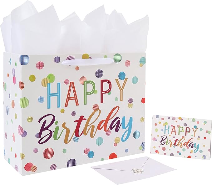 wishinside 13'' Large Birthday Gift Bag Set with Handles, Greeting Card, White Tissue Papers and Stickers for Women Girls Kids Teens for Birthday, Baby, Color Dots Design, 1 Pcs