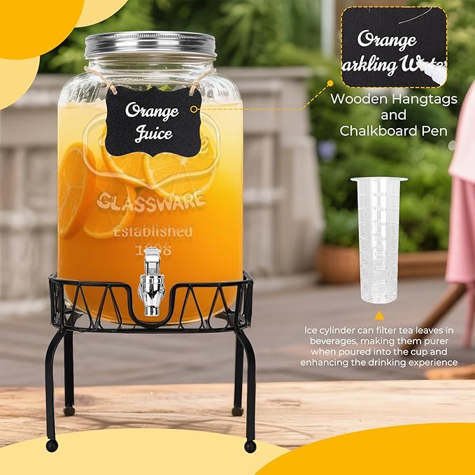 DHSBTLS 2 Gallon Glass Drink Dispensers, 1 Pack Clear Beverage Dispenser for Party, BBQ and Picnic, Juice Dispenser with Ice Core, Black Stand, Spigot, Markers and Chalkboard