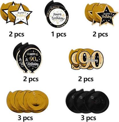 Happy 90th Birthday Black & Gold Glitter Swirls Streamers Party Decorations - 15 Pcs 90th Birthday Hanging Swirls Streamers Kit,Cheers to Ninety Years Old Bday Party Sign.