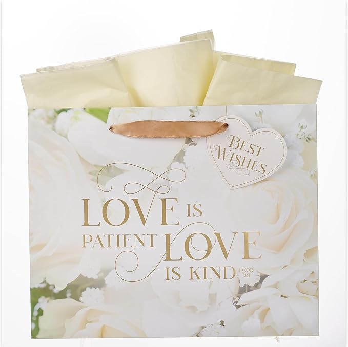 Christian Art Gifts Large Landscape Inspirational Scripture Gift Bag, Tag & Tissue Wrapping Paper Set for Wedding Presents: Love is Kind Encouraging Bible Verse,Satin Ribbon Handles, White Rose Floral