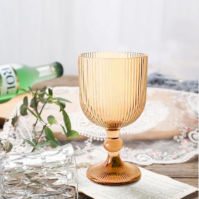 Vintage Wine Glasses Set of 6, 11 Ounces Colored Glass Water Goblets, Colorful Unique Embossed Pattern High Clear Stemmed Glassware Wedding Party Bar Glass Drinking Cups Vertical Line Gold Amber