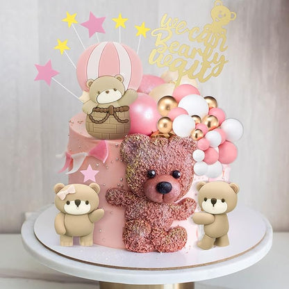 Yinder Bear Cake Toppers Mini Bear Cake Decorations Cake Toppers Gold White Pearl Ball for Birthday Party Decorations(Pink, Brown,Vivid Style)