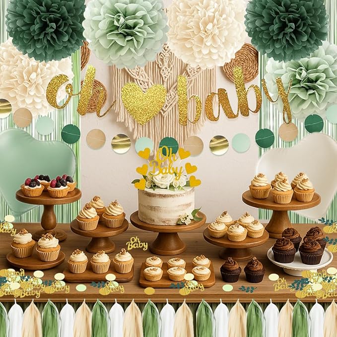 Baby Shower Decoration, Sage Green Gender Neutral Baby Shower Party Decorations with Balloons, Oh Baby Banner, Pom Poms, Cake Topper, Confetti, Mom To Be Shoulder Sash for Boy Girl Baby Showers Decor