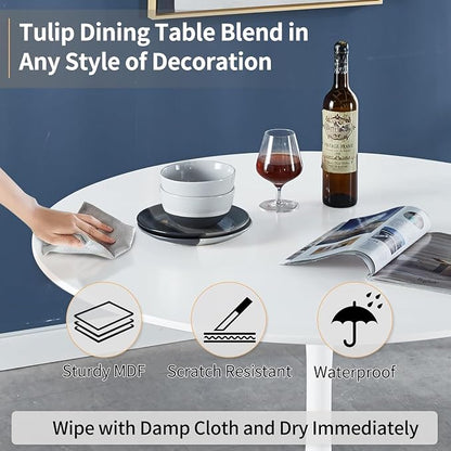42 Inch Modern Round White Dining Table for 4-6 Person,Mid-Century White Tulip Table Kitchen Dining Table with MDF Table Top and Pedestal Base for Home Kitchen