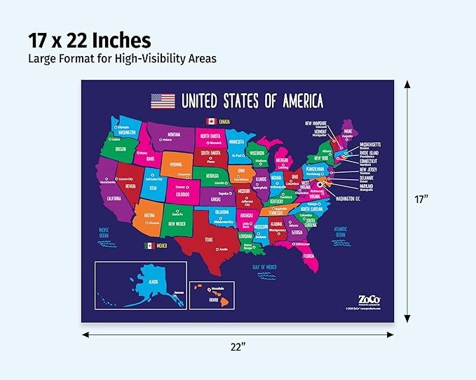 ZOCO – United States Map with Capitals Poster (2-Pack) – Laminated 17x22 – Educational USA Wall Chart for Kids – North America Geography, Social Studies Classroom Decor