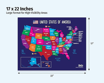 ZOCO – United States Map with Capitals Poster (2-Pack) – Laminated 17x22 – Educational USA Wall Chart for Kids – North America Geography, Social Studies Classroom Decor