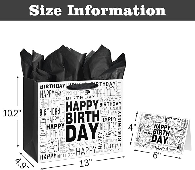 Laidans 13" Large Black and White Happy Birthday Gift Bag with Tissue Paper and Card for Men Women Birthday (Large)