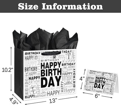 Laidans 13" Large Black and White Happy Birthday Gift Bag with Tissue Paper and Card for Men Women Birthday (Large)