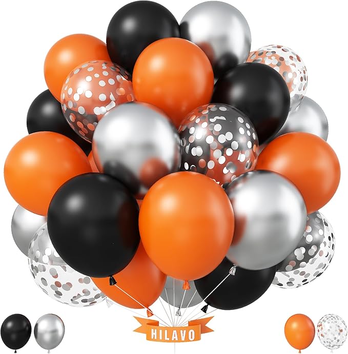 Black Orange Balloons 12 Inch Black Orange Silver Confetti Balloons Halloween Trick or Treat Balloon for Boys Men Basketball Graduation Bachelorette Baby Shower Birthday Party Decorations, 35 Pcs