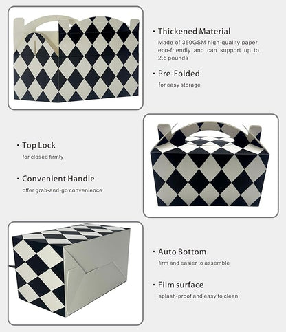 30-Pack Gable Treat Boxes with Handles, 6" Pop-Up Party Favor Gift Boxes for Birthday,Wedding,Baby Shower, Eco-Friendly Candy,Cookie,Goodie Bags for Kids, Bachelorette Decor(Black and White)