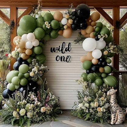Black Sage Green Nude Balloon Garland Double Stuffed Olive Green Sand White Balloon Avocado Apricot Black Latex Arch Kit for Jungle Safari Wild One Birthday Baby Shower Woodland Decorations