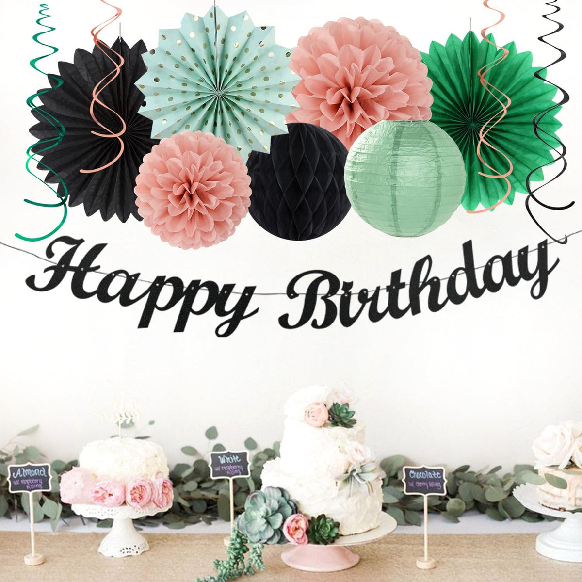 Sage-Green Blush-Pink Black Birthday Party-decorations - 21pcs Girls Woman Happy Banner Garland, Paper Streamers Lanterns,Flower Tissue Pom Poms Fan Supplies,Wall Backdrop Decor Huglony
