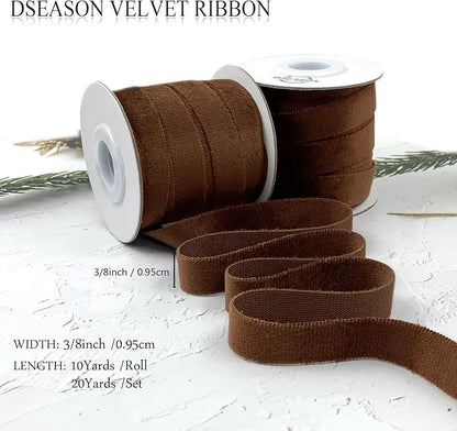 Velvet Ribbon Set 3/8" x 10 Yards, 2 Rolls 20 Yards, Dseason Handmade Brown Velvet Ribbon Set for Gift Wrapping & Bow Making, Christmas Tree, Wreath Decoration, DIY Crafts Decoration