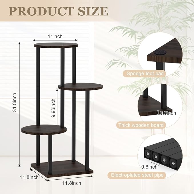 4 Tier Plant Stand Indoor, Metal Wooden Tall Plant Shelf Flower Pot Stand for Multiple Plants, Corner Flower Holder Plant Display Rack for Living Room Balcony Patio Garden (Black)